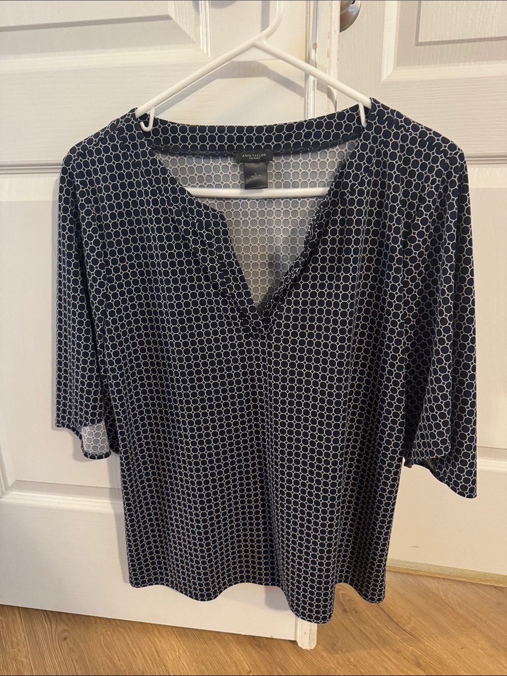Ann Taylor Factory Navy and White Geometric Split-Neck Tunic